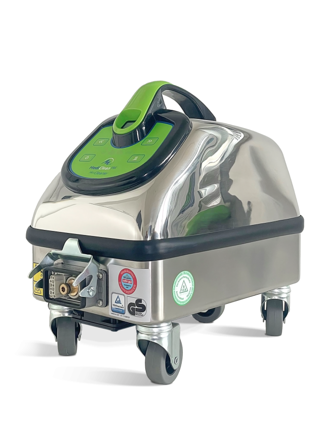 Medicleantec II S4 - Mit seinem hochwertigen Edelstahl-Boden,
 einem 5-Meter Industrie-Dampfschlauch,
 einem extra langen 8-Meter Gummi/Neopren Stromkabel inkl. hochwertiger Kabelzugentlastung aus Metall,
 sowie stabilen Metall-Industrieverschlüssen bei Schlauch- und Dampfanschluss ist der MediCleanTEC Micro Cleaner für den 24/7 Einsatz in Industrie und Gewerbe bestens gerüstet. Der MediCleanTEC Micro Cleaner reinigt nur mit Wasser und ganz ohne Reinigungsmittel. Mit gesättigtem Mikro-Trockendampf arbeitet er effizienter als herkömmliche Verfahren,
 und zwar zu 100% rückstandsfrei und hygienisch.So schonen Sie die Umwelt,
 Ihre Gesundheit und sparen gleichzeitig Geld und Zeit bei vielen Reinigungsaufgaben. Denn das Problem im Gewerbe ist schon lange nicht mehr der Schmutz,
 sondern die chemischen Rückstände,
 die multi-resistenten Keime,
 Bakterien und Viren,
 sowie die Gesundheitsgefährdung von Personal und Kunden durch aggressive Putzmittel.