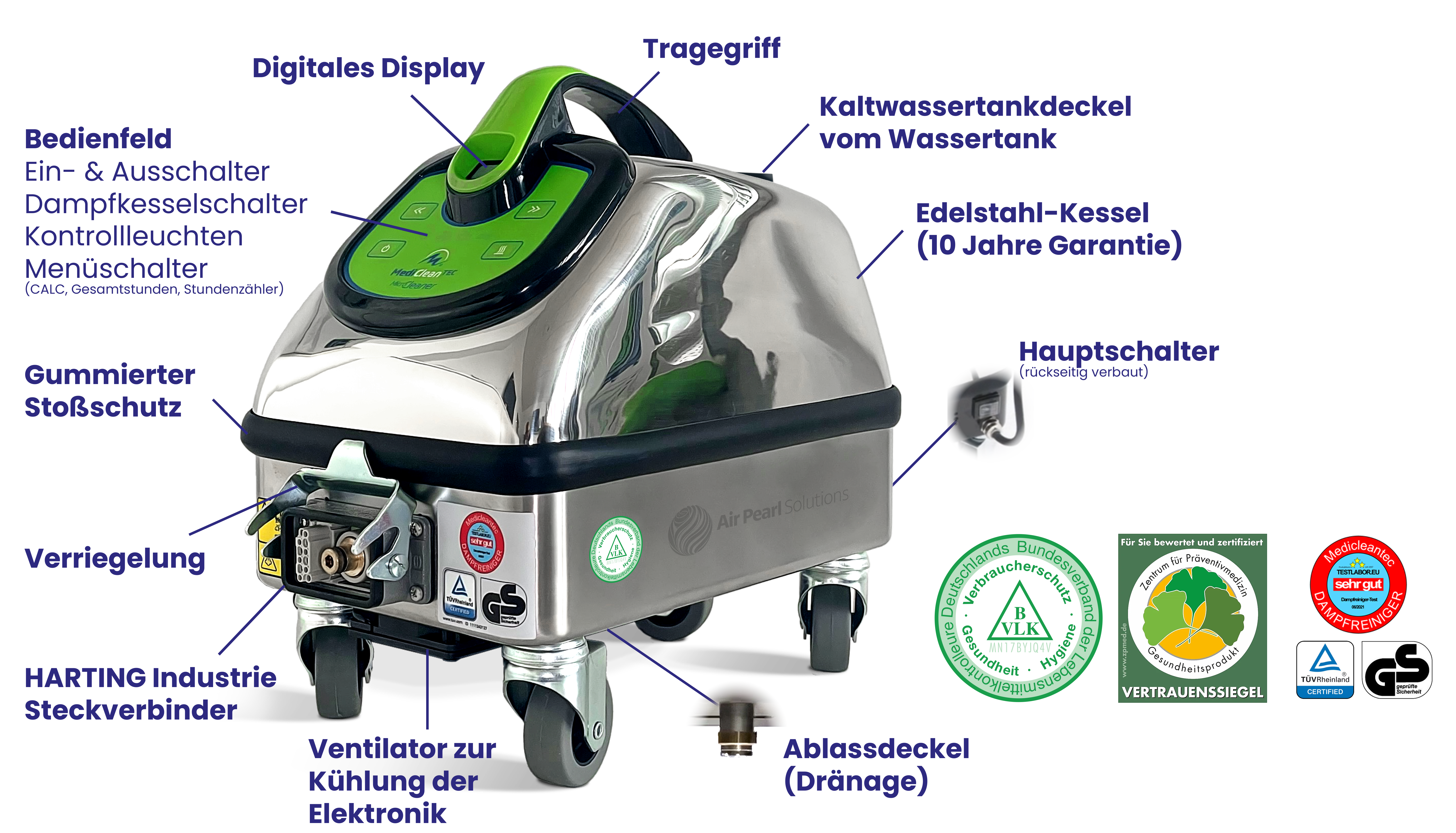 Mediclean - Dampfgerät - Steamer - 180 Grad 9 bar Druck - Made in Italy - Mikrotrockendampf